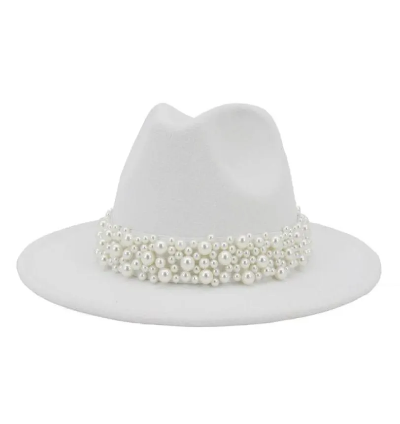 2020 Women Wide Brim Imition lana di lana cappelli Fedora Fashion Church Dress Cappello per Pearl Ribbon Decorazione White Hat7539792