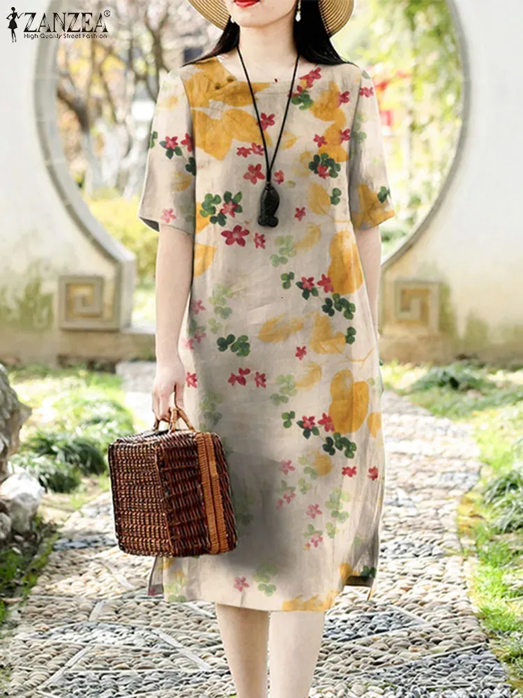 Summer Vintage Short Sleeve Floral Dress ZANZEA Women Bohemian Midi Chiffon  Sundress with Empire Waistline