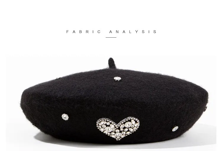 2024 Winter Women Wool Beret Love Heart Rhinestone British  display picture 2