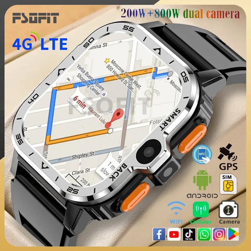 Montres 2,03 pouces 4G Réseau Smart Watch GPS WiFi SIM NFC Double Caméra ROPED 16G 64G ROM Storage Google Play Play IP67 Android Smartwatch