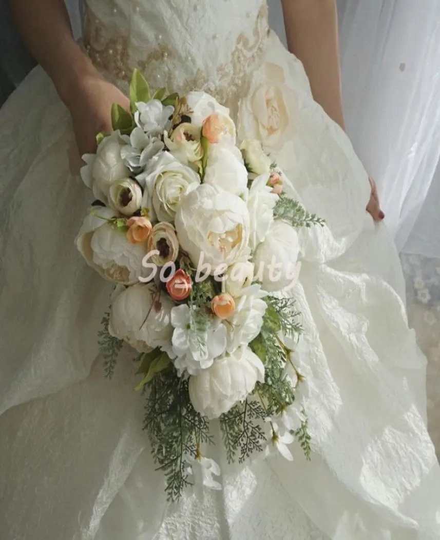 Rose Peony Bridal Cascading bukiet ślubne bukiety panny młodej kwiaty kwiaty domowe dekoracja dekoracja sztuczna stół kwiat biały różowy 8984864