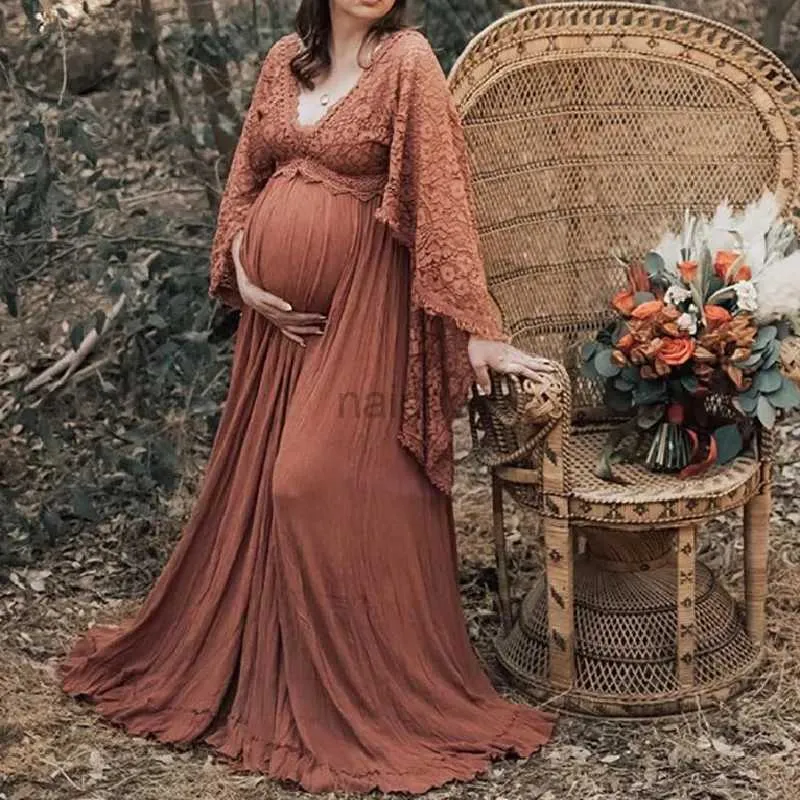 Sukienki macierzyńskie Kobiety boho koronkowe fotografie macierzyńskie sukienki sesja zdjęciowa macierzyńska maxi suknia v strój szyi kwiatowy sukienka na baby shower 240412