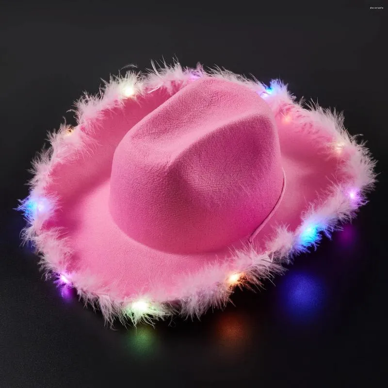 Chapéus de aba larga iluminam cowboy para mulheres penas fofas led chapéu de cowgirl de solteira figurina de fantasia vestido de festa