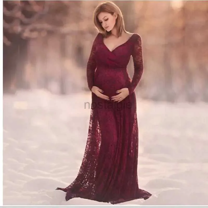 Maternity Dresses Red Wine V-Neck Long Sleeve Maternity Photography Props Maxi Pregnancy Clothes Lace Dress Fancy Shooting Photo Pregnan 24412