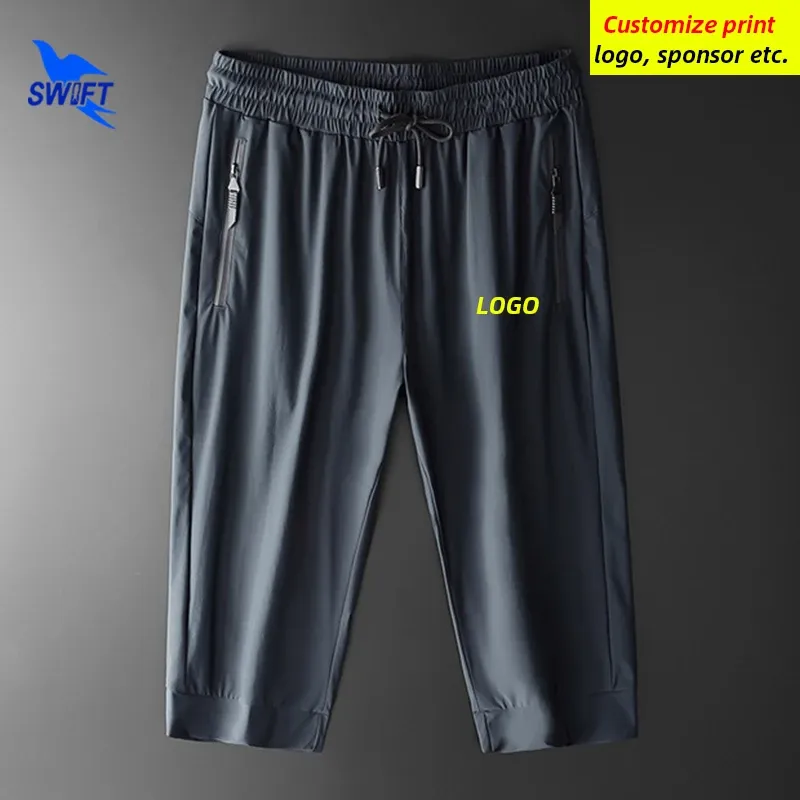 Pants NEW Quick Dry Ice Silk Cropped Running Pants Men Gym Fitness Sportswear Training 3/4 Trousers Straight Capris Bottoms Customize