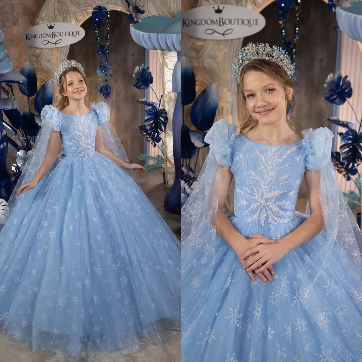 Baby Blue Princess Flower Girls Dresses With Cape Cap Sleeve Girl Pageant Gowns Kids First Communion Dress Glitter Snowflake A Line Birthday Dress