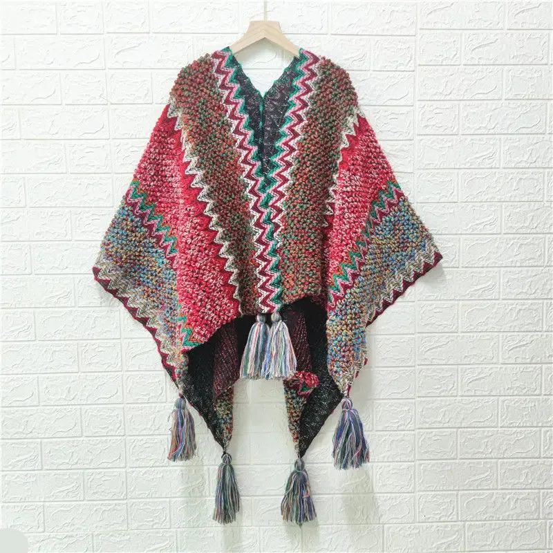 Poncho stickad kappa Cape Ethnic Style Capes Tassel Cardigan Sweater Color Loose Vintage Striped Women Travel Coat P1 240412