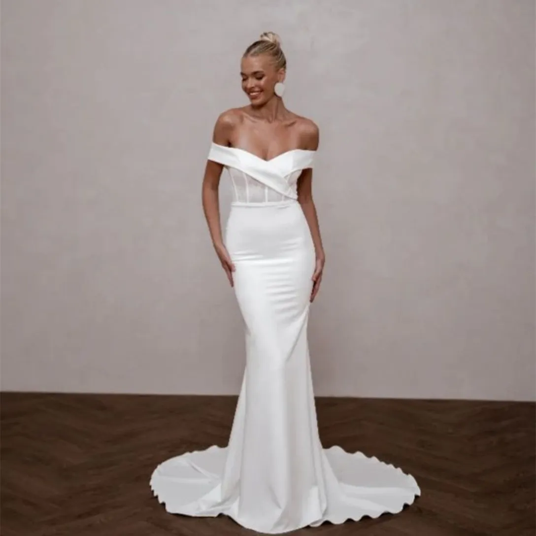 Vintage Long Mermaid Off Shoulder Wedding Jurken Trumpet Crepe Zipper Back Ivory Sweep Train Vestidos de Novia Abendkleid Bridal Jurk voor vrouwen