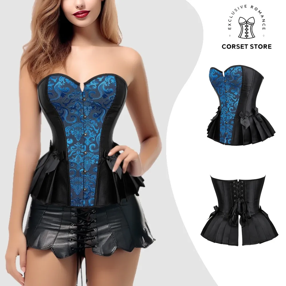 Sexy Lace Up Corset Top Blue Satin Floral Victorian Bustier From
