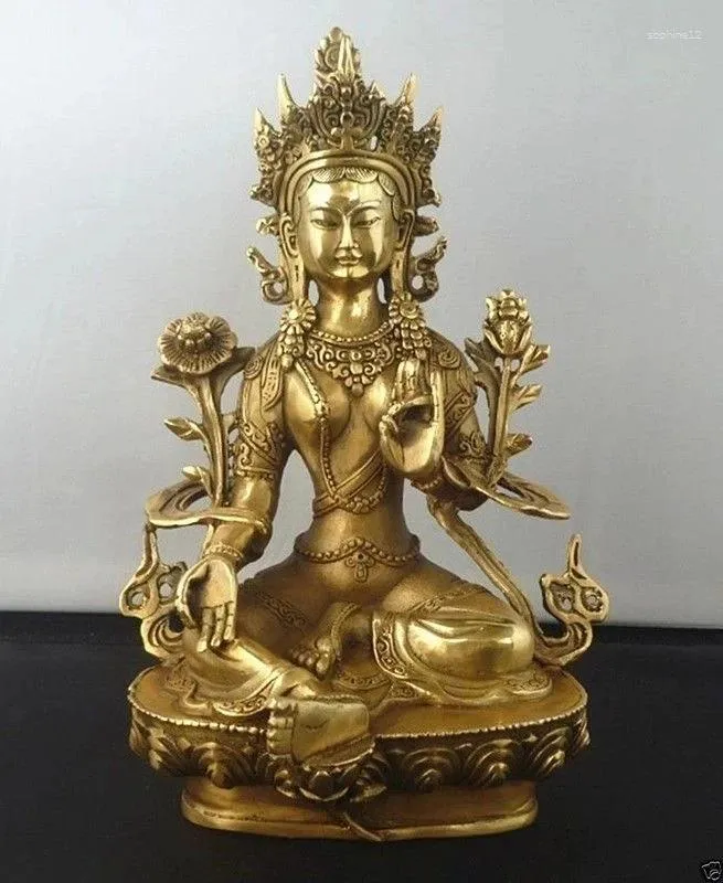 Dekoratif Figürinler Estatua de Buda Kwan-yin 21cm/Budismo Tibetano Cobre Verde Tara Dios Diosa