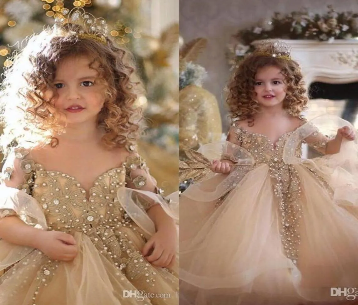 New Champagne Ball Gown Girls Pageant Dresses Lace Appliques Long Sleeves Pearls Princess Organza Puffy Kids Flower Girls Birthday6669284