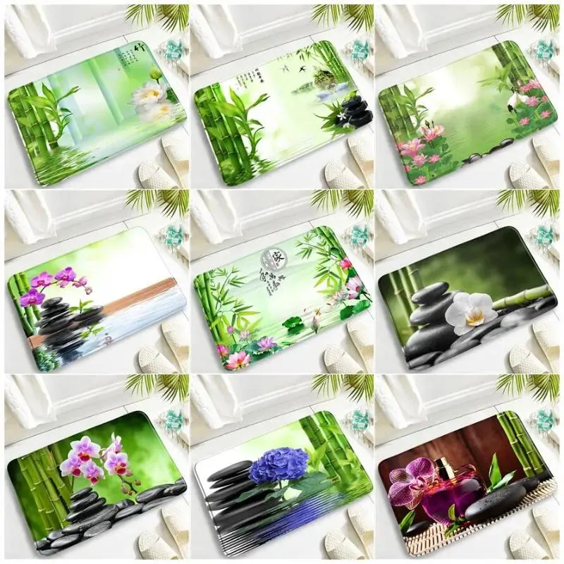 Badmatten Groen Bamboo Zen Mat Orchid Lotus Bloem Zwaan Zwart Stone Spa Tuinlandschap Deur huiskamer keuken badkamer decor tapijt