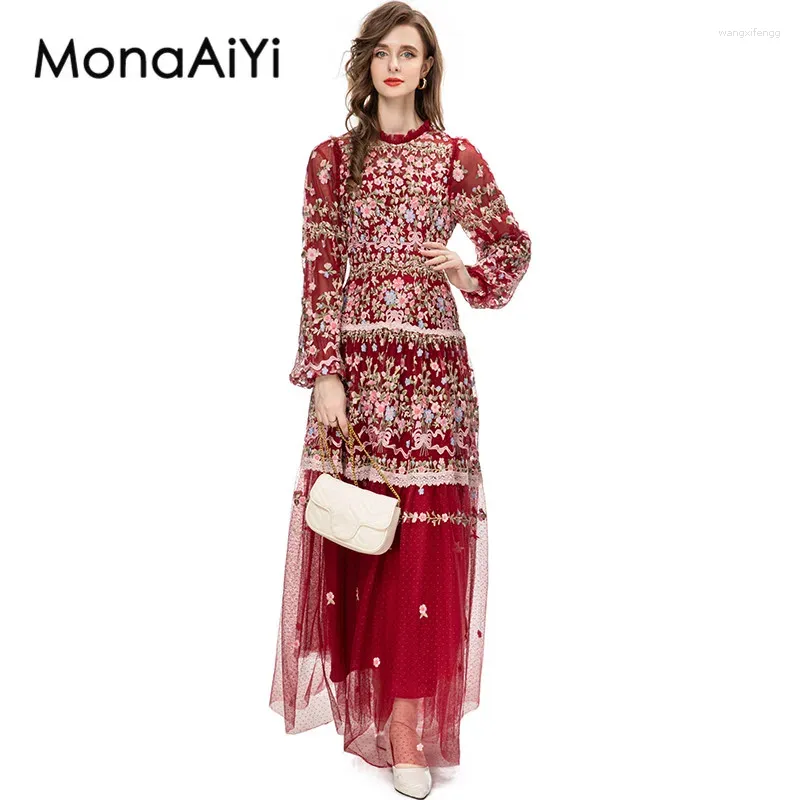 Casual Dresses Monaaiyi 2024 Vintage Fashion Designer Dress Women's Mesh broderad genomskinlig Lantern Sleeve Slim Red Long Long