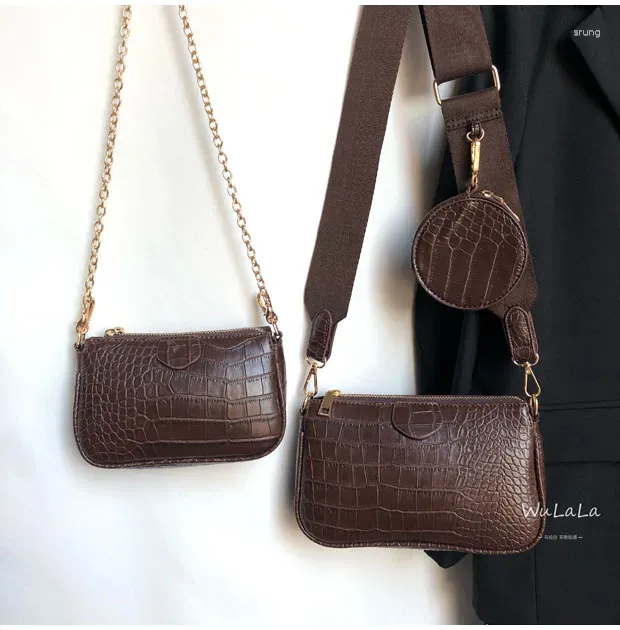 Omuz çantaları PU deri bayanlar 3 çanta seti cüzdan vintage timsah kadın lüks tasarımcı geniş kayış çapraz crossbody zincir sling