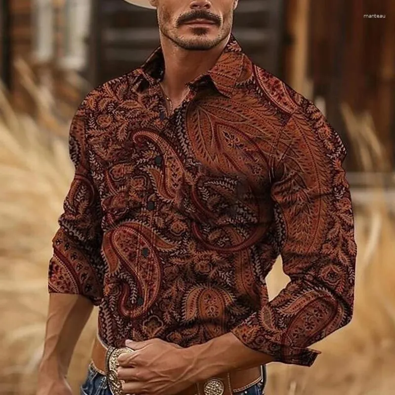 Męskie koszule 2024 Retro Western Cowboy Style 3D Printowa koszula z długim rękawem na świeżym powietrzu wiosna i lato wysokiej jakości klapa