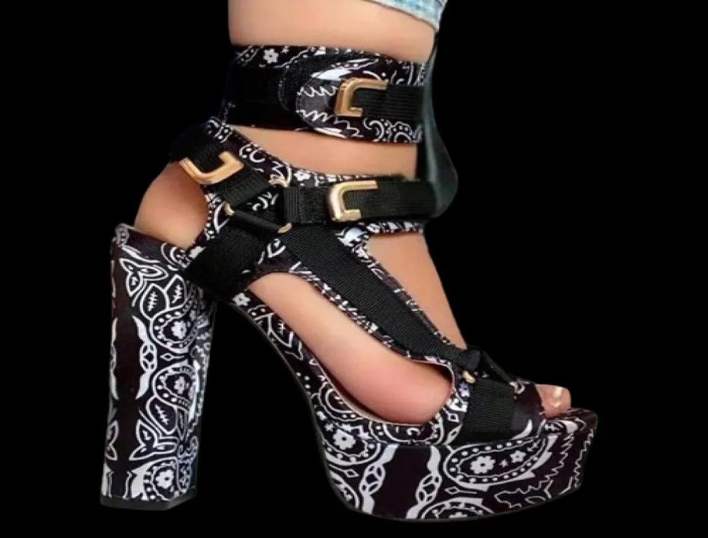 Sandały urocze bandana drukowane buty platformowe dla kobiet letnie damskie panie masywny obcasowy pasek kostki seksowne pompy3305496
