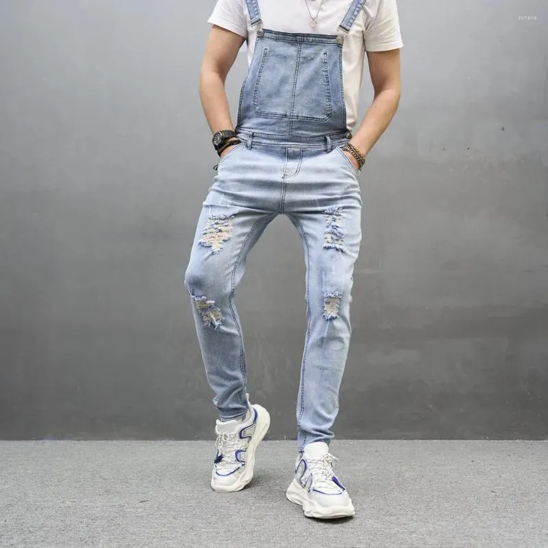 Jeans maschi da uomo strappato sottile bavaglini salta turisci da uomo elegante streetwear stretch dungarees cinturino maschile