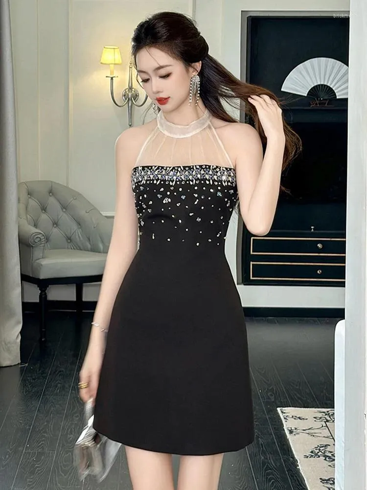 Casual Dresses Exquisite Birthday Party Dress Women's French Elegant Shiny Diamonds Sheer Mesh Splice Black Halter Short Gown Prom Vestidos