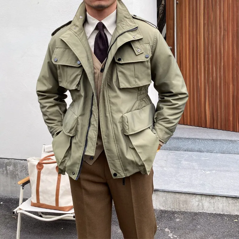Men's Cargo Jacket Stand Collar Full Zip Up Military Jacket
