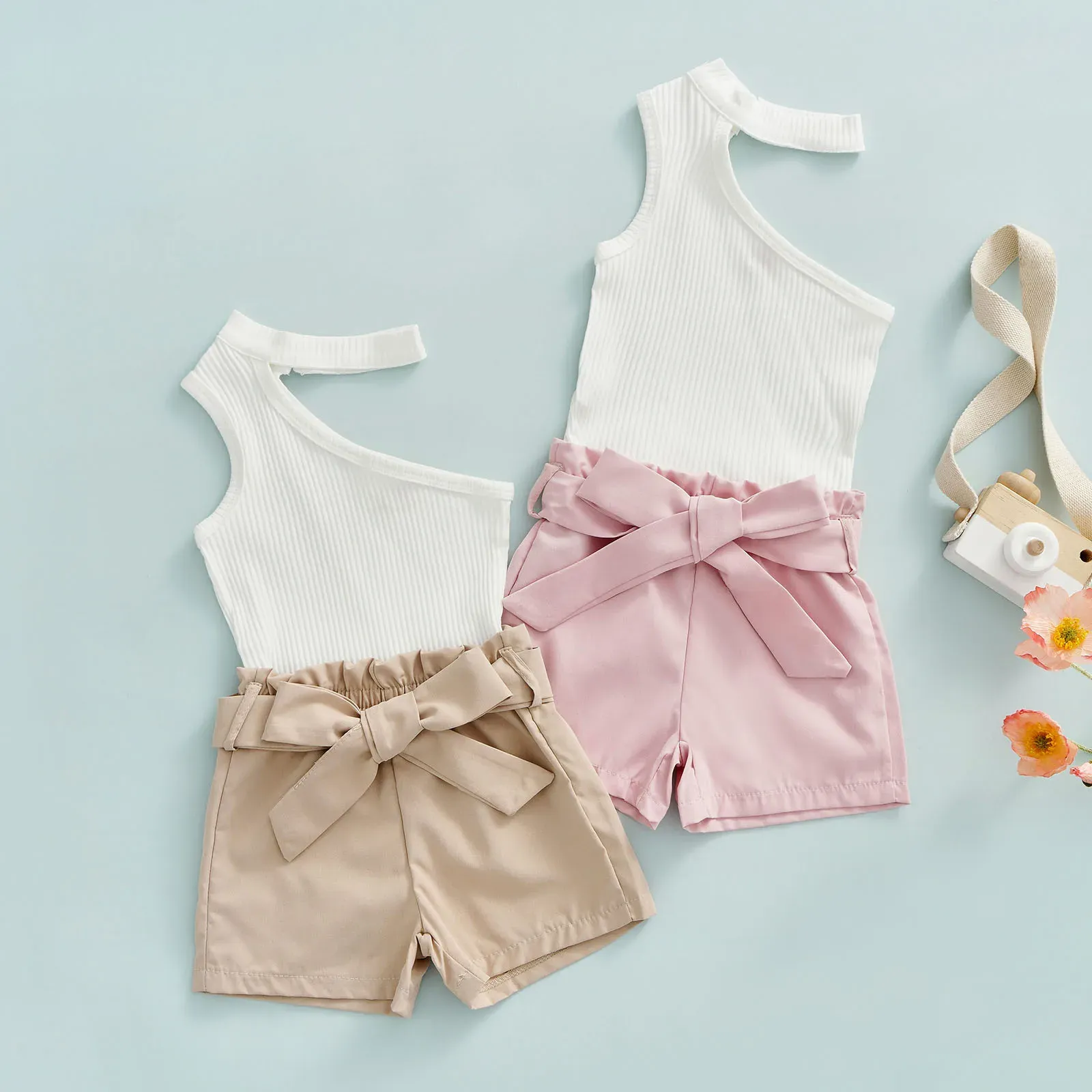 Shorts Mababy 6m4y Toddler Kid Baby Girls Vêtements Set One épaule Tops Bow Shorts Fashion Summer Tenues D01
