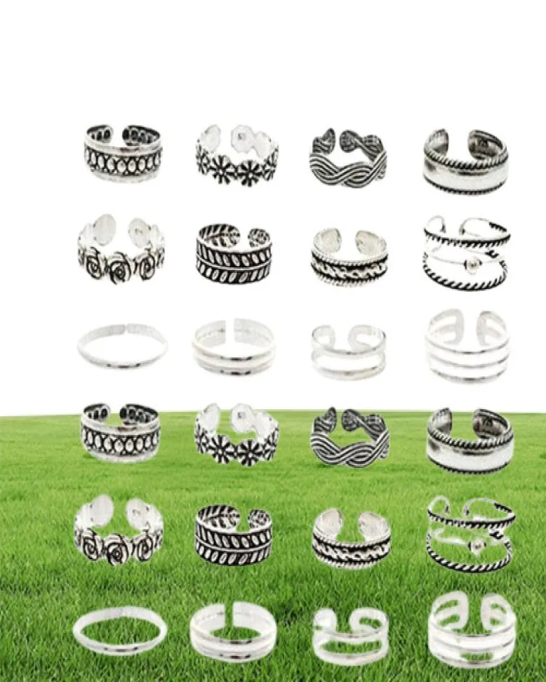 24pcSset Open Toe Rings Silver plaqué des orteils plaqués