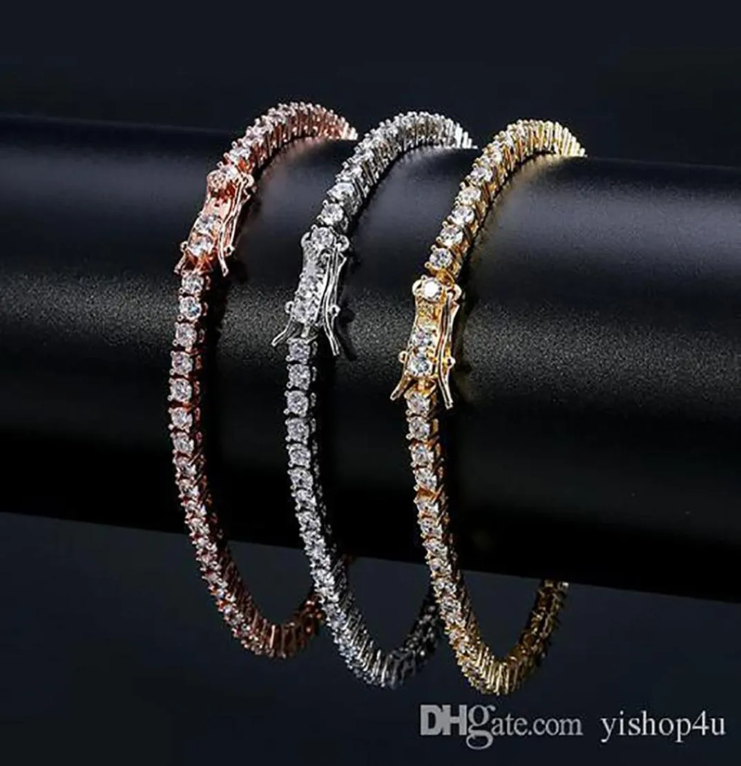 3mm Hip Hop -Tenniskette Armbänder CZ asphaltiert für Männer Frauen Schmuck Tennisarmband Schmuck Gold Silber Roségold 7inch 8inch4304921