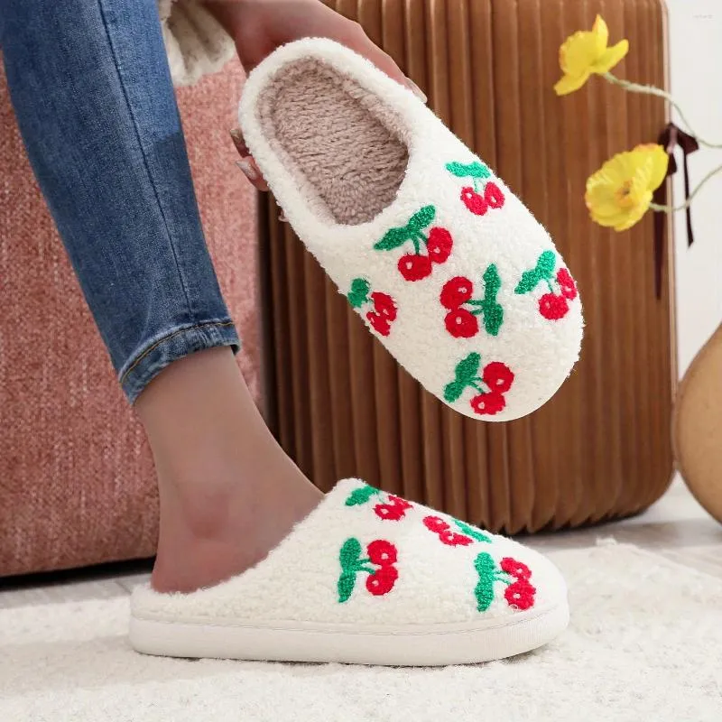 Slippers Women Strawberry Pattern Embroidered Cute Plush Lined Slip On Shoes Warm & Comfortable Indoor