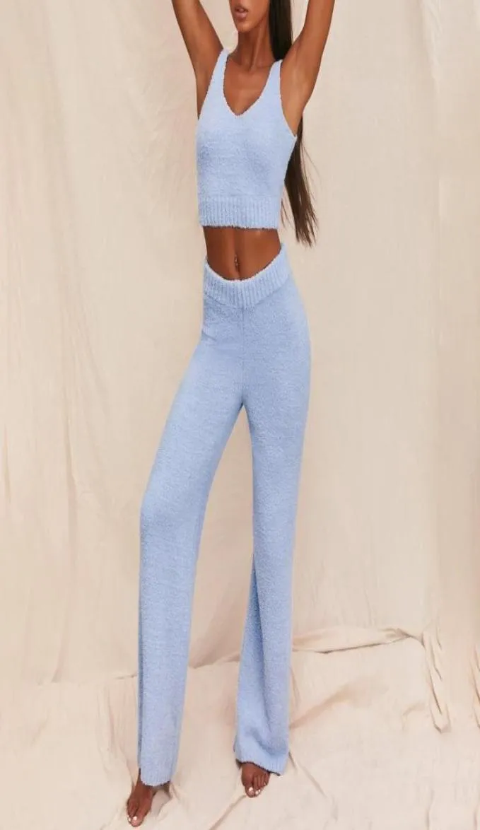 Women039s Tracksuits Women Sexy 2 Piece Fuzzy Plush Outfits Vneck Backless Crop Top Long Pants Winter Sweater Solid Color Paja6339115