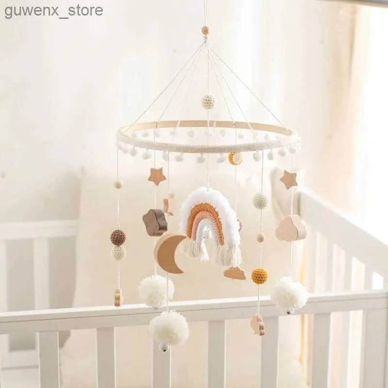 Mobiles# Baby Rattle Toys 0-12Months Wooden Crib Mobile Bed Bell Soft Felt Rainbow Clouds Hanging Bed Bell Mobile Crib Bracket Baby Gifts Y240412Y240417CX5U