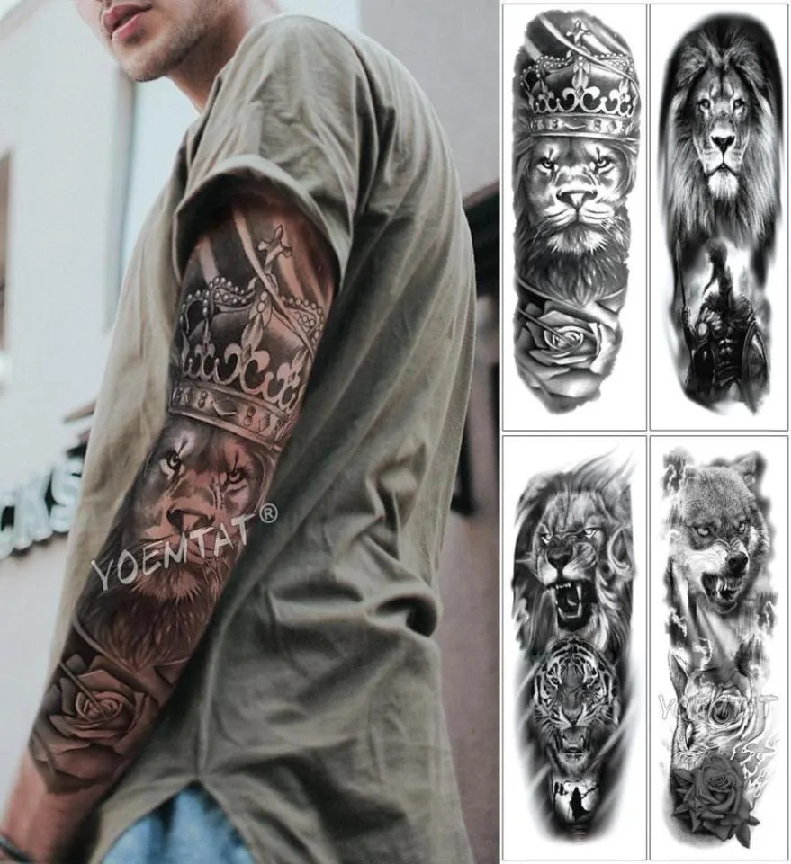 Grote arm mouw tattoo leeuw kroon koning roos waterdichte tijdelijke tatoo sticker wilde wolf tijger mannen volledige schedel totem tatto t1907114799458