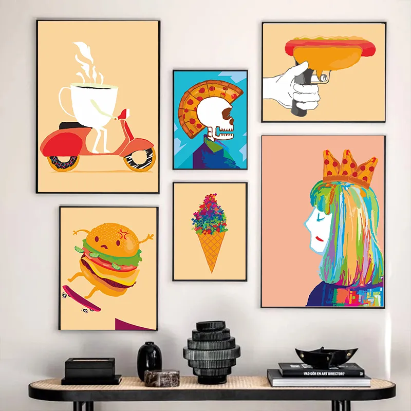Affiches alimentaires drôles Running Burger Hot Gun Pop Rock Pizza Toiza Peinture Wall Art Imprimer Pictures pour Kitchen Cafe Home Decor