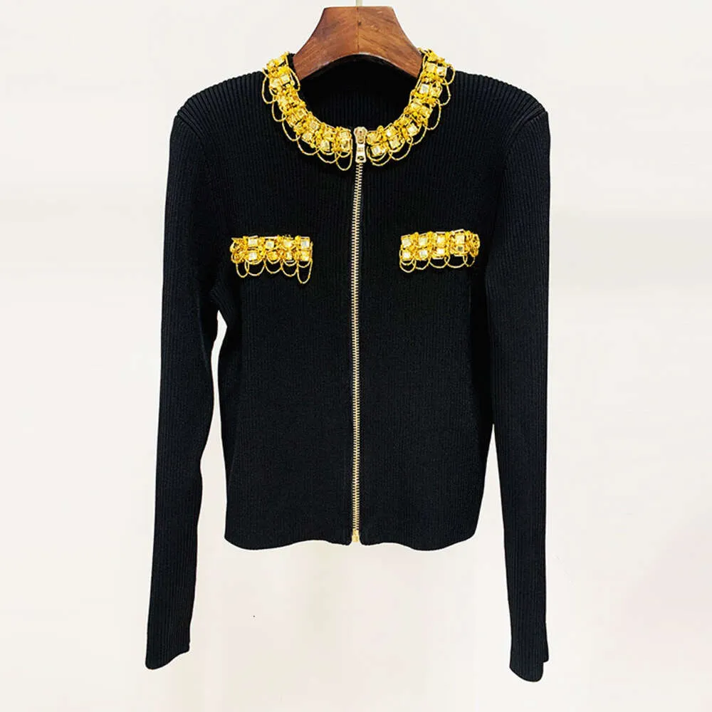 Women's Sweaters Celebrity Style Charm Heavy Industry Nail Bead Inlaid Diamond Zipper Knitwear Coat