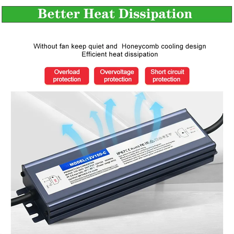 Vattentät belysningstransformatorer AC 220V till DC 12V 24V 60W 80W 100W 150W 200W 250W 300W 400W LED -omkoppling strömförsörjning