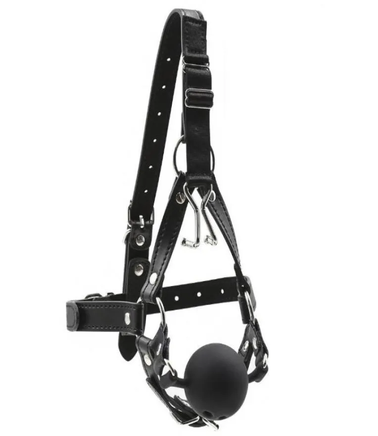 Female Black Leather Harness Open Mouth Ball Gags Stainless Steel Nose Hook Bondage Device Adult Passion Flirting BDSM Sex Games P8538888