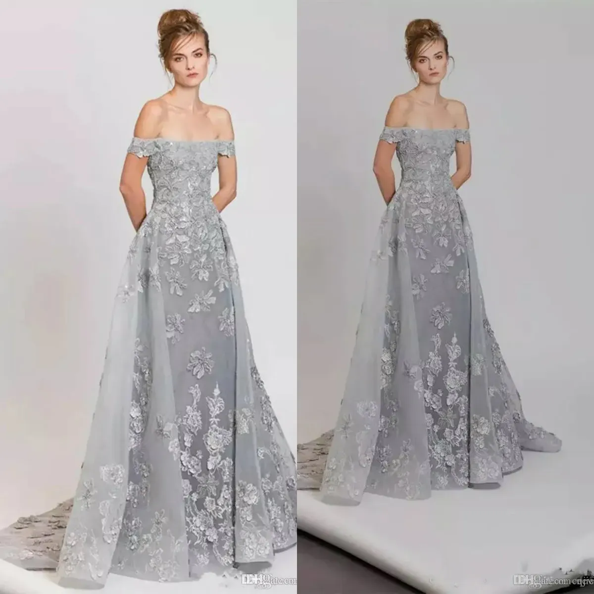 Tony Ward 2024 Prom Dresses Off Shoulder Silver Organza A-Line Evening Gowns Lace Appliques Pärlad svep Train Special Occasion Dress