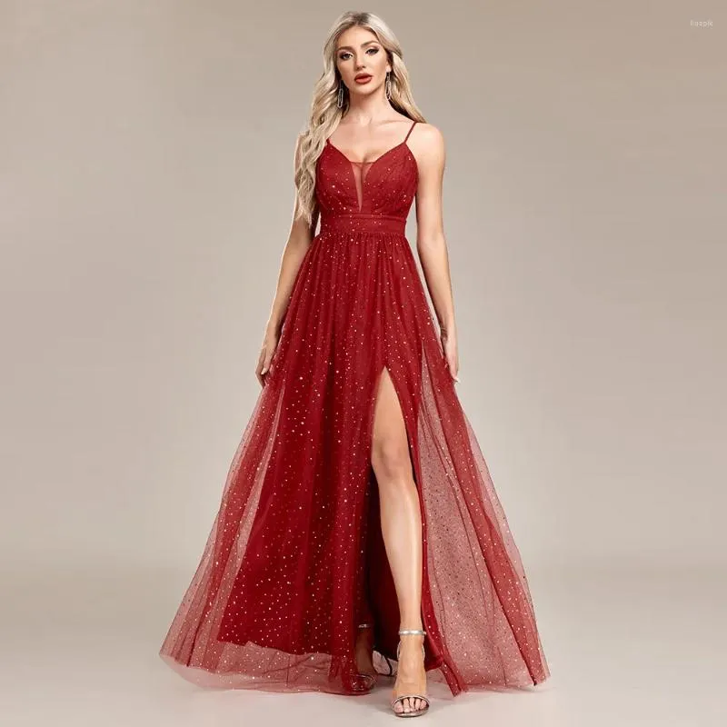 Casual Dresses Idress High Quality 2024 Womans Clothing Födelsedag Sexiga remmar Summer Mesh Sequined Luxury Red Evening Party Long Long Long