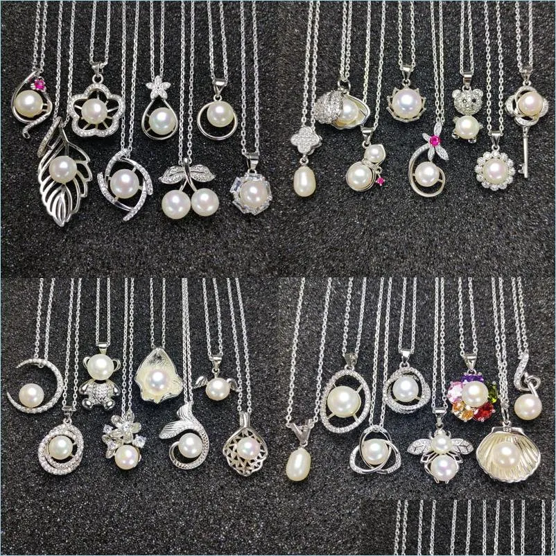 Pendant Necklaces 4 Set Pearl For Female Girl 925 Sier Necklace 7-9Mm Oblate White Wedding Christmas Gift Box Drop Delivery Jewelry Pe Dhpb8