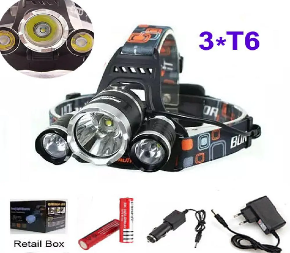 3T6 Headlamp 6000 Lumens 3 x T6 Head Lamp High Power LED Headlamp Head Torch Lamp Flashlight Head +charger+battery+car charger1993248