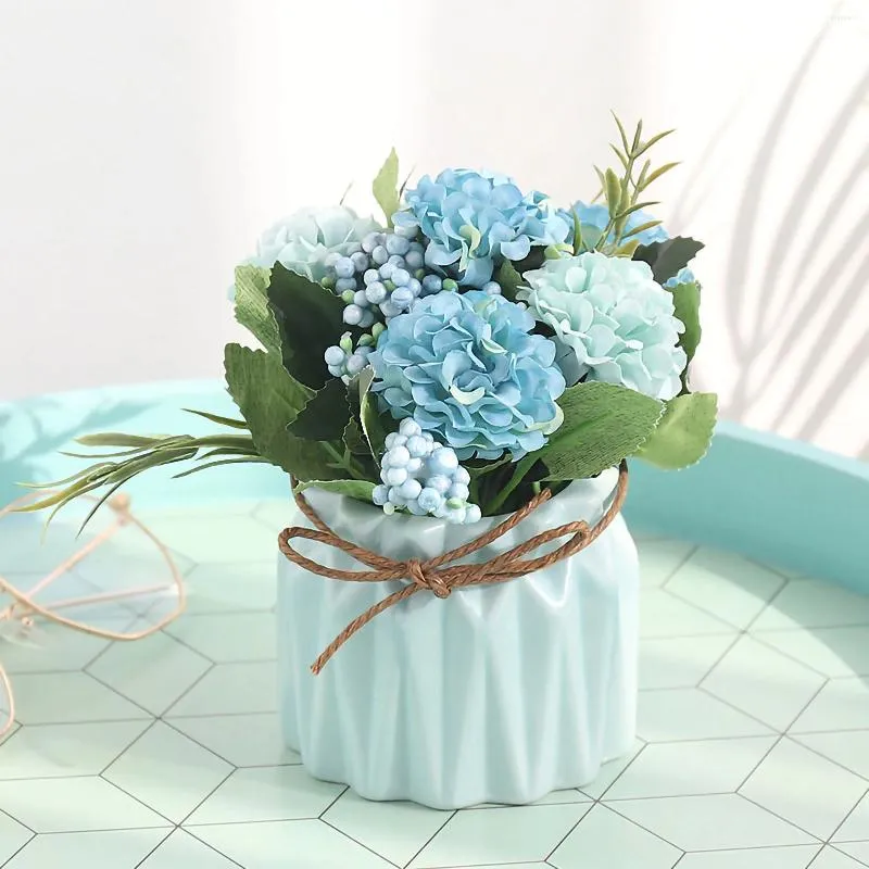 Decorative Flowers Artificial Fake Potted Bouquet Multicolor Hydrangea With Vase For Wedding Party Home Dining Table Decoration