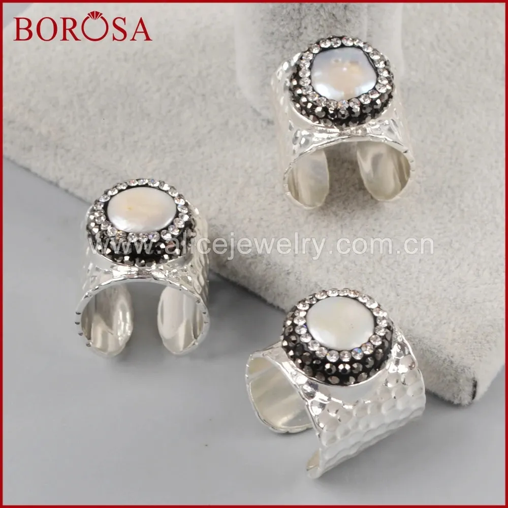 Borosa Silver Color Natural Pearl Fashion Band Кольцо круглое пресноводное жемчужное горло