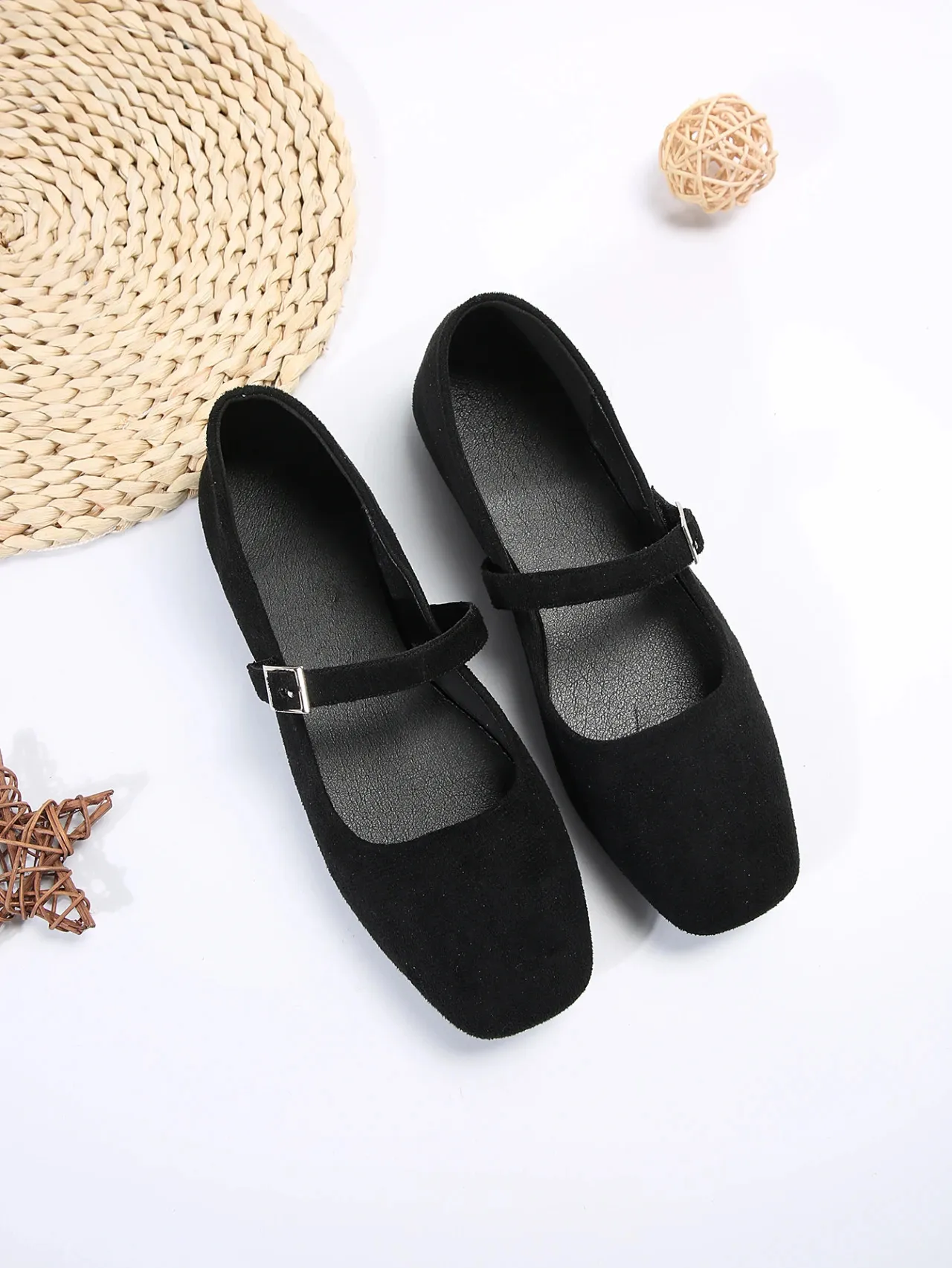 Women's Black Mary Jane Ballet Flats with Square Toe - Comfortable ...
