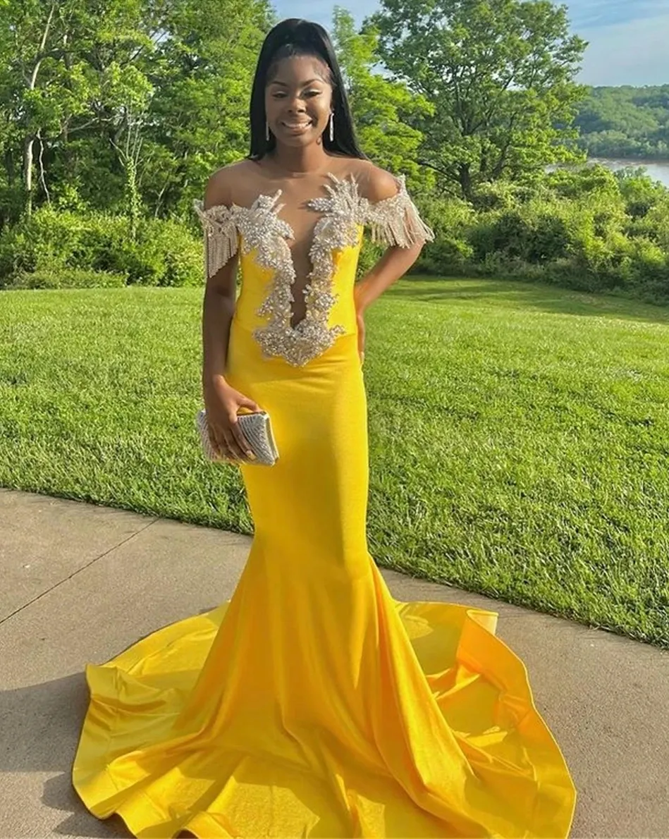 Yellow Satin Beaded Yellow Mermaid Prom Dress for Girls - Backless Mermaid Style with Appliques, Sequins, and Crystals - Perfect for Formal Evening