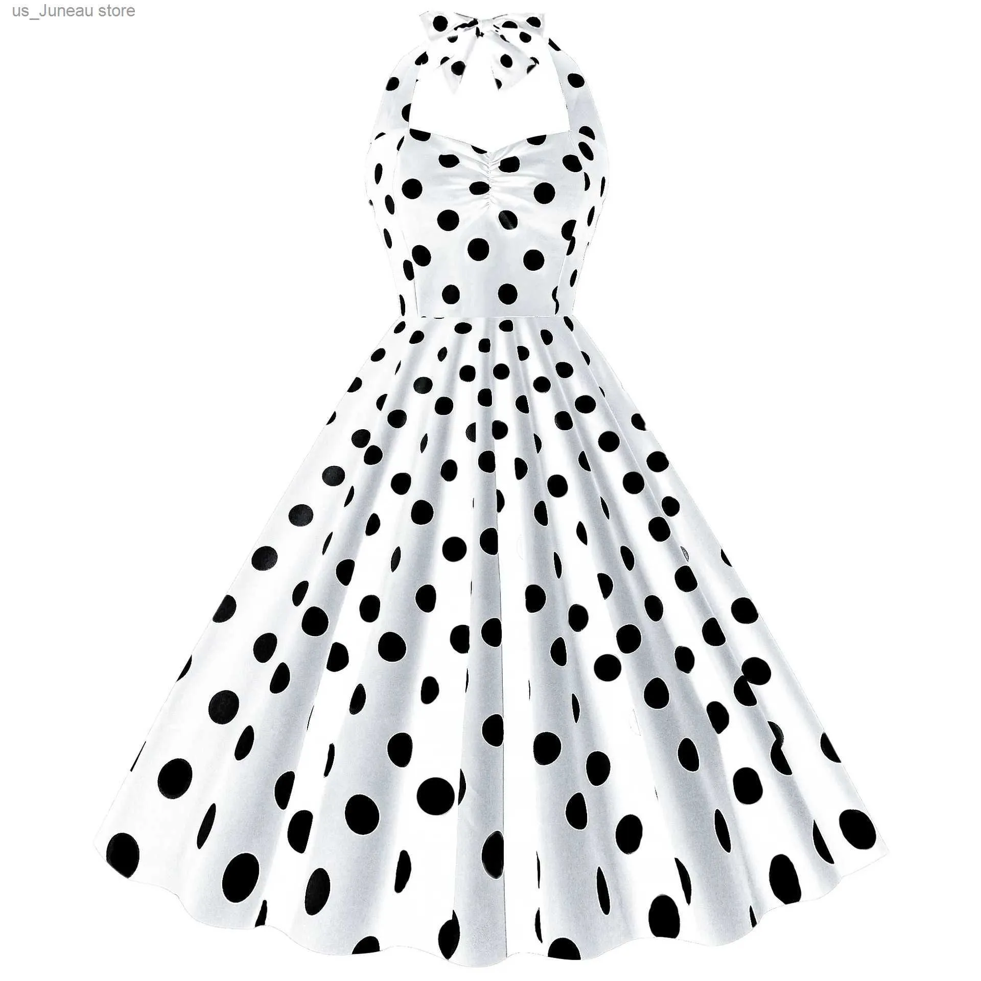 Basic Casual Dresses Sexy Retro Yellow Polka Dot Halter Dress Audrey Hepburn 50s 60s Vintage Dress Gothic Pin Up Rockabilly Dress Womens Clothing 1 T240415