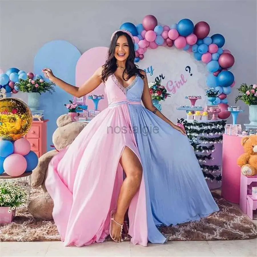 Moderskapsklänningar Rainbow Kön avslöjar moderskapsklänning för fotografering Baby shower fotografering fotografering ärmlös v-hals rygglös klänning 24412