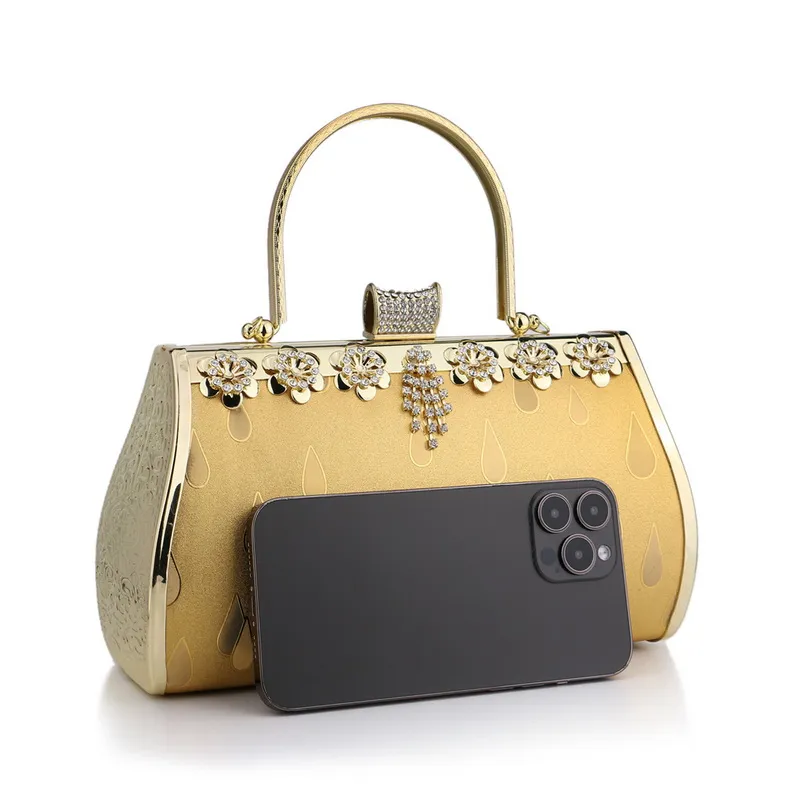 Tassel Diamonds Clutch Golden Metal Water Printed Rhinestones Bucket Handbags Wedding Evening Bags