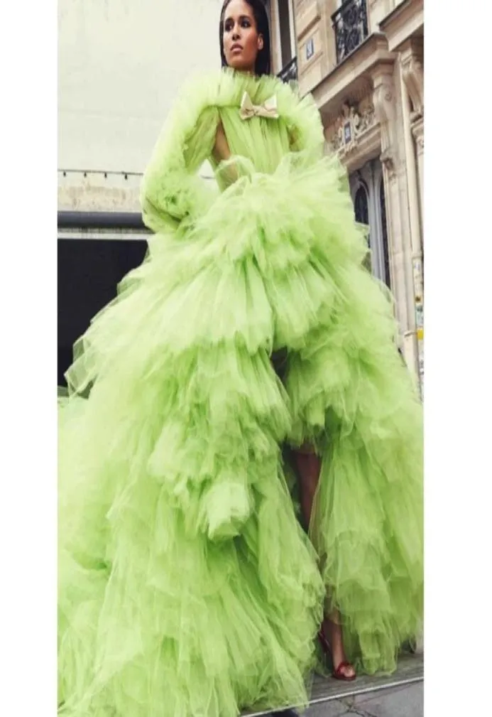 robe de soiree Arabic Evening Dresses green Long Modest Formal Dresses Dubai Tiered Tulle Hi Low Evening Gowns Elegant Long Sleeve1255331