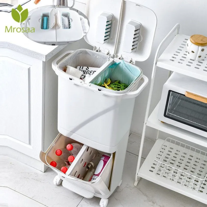 Lixo da prensa de cozinha pode classificar lixo da lixeira seca e molhada Separação resíduos Bin Pedal Classificação Bin com roda Y2396