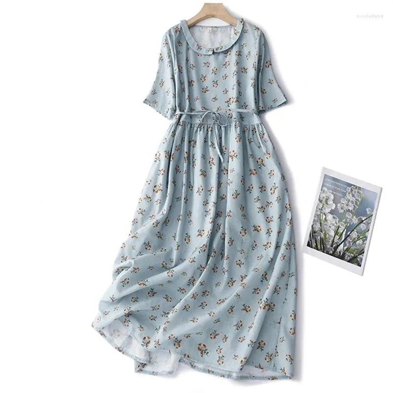 Party Dresses Cotton And Linen Printed Short-sleeved Dress Female Summer Korean Retro Literary Loose Temperament Doll Collar Casual Dresse