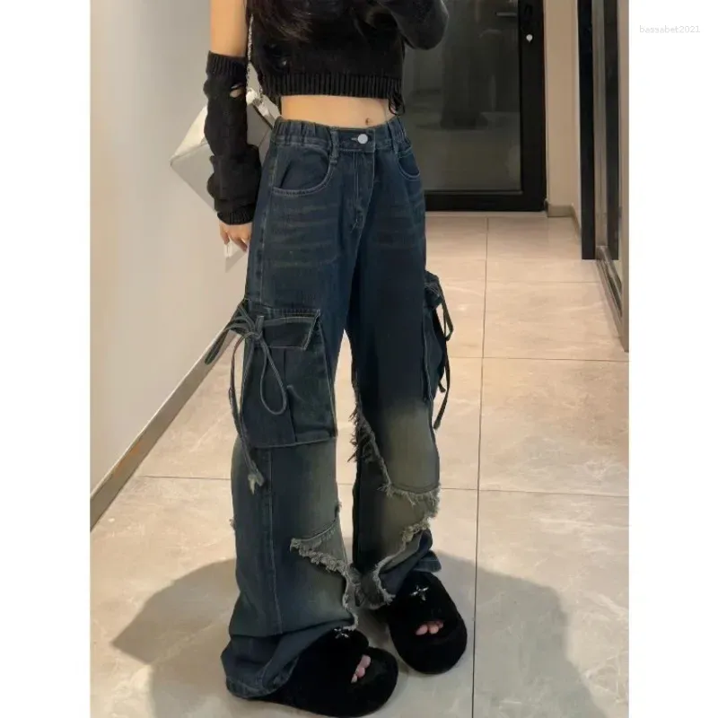 Kvinnors jeans Deeptown Y2K Vintage Cargo Women Harajuku Streetwear Star Patchwork Denim Pants Overdimensionerade koreanska modebyxor Hippie