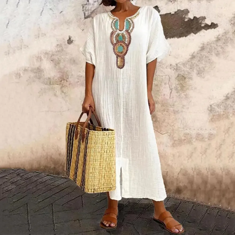 Ethnic Dress Women Sexy Embroidery Flower Design V Neck Cotton Linen Spring Summer Short Sleeve Split Long Maxi 240412